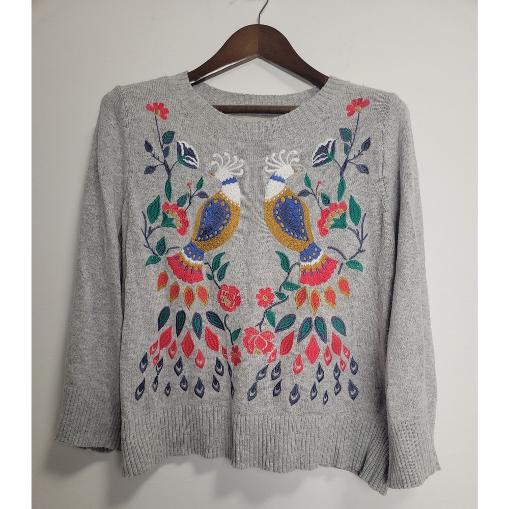 LOFT Women's M Gray Embroidered Peacock Floral Sweater Bell Sleeve Cottagecore